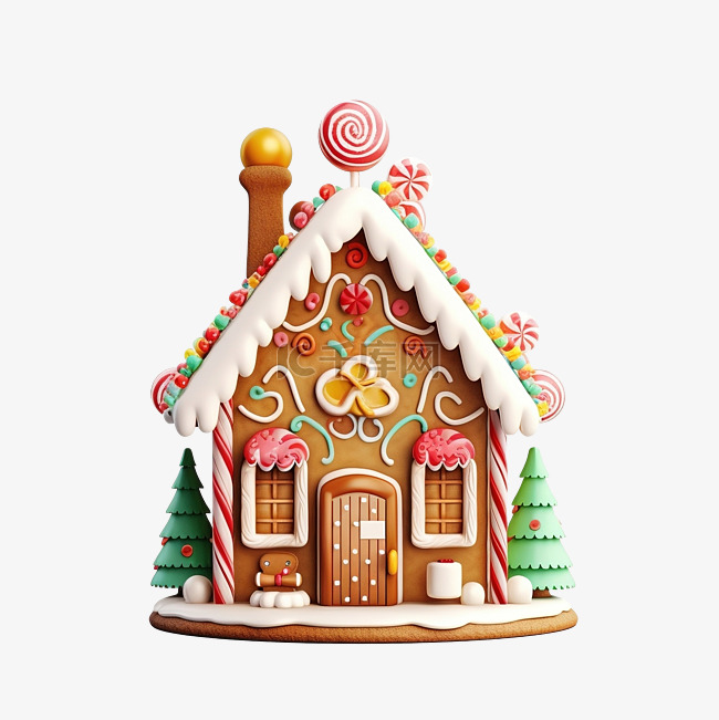 圣诞树表面装饰有糖果的姜饼屋