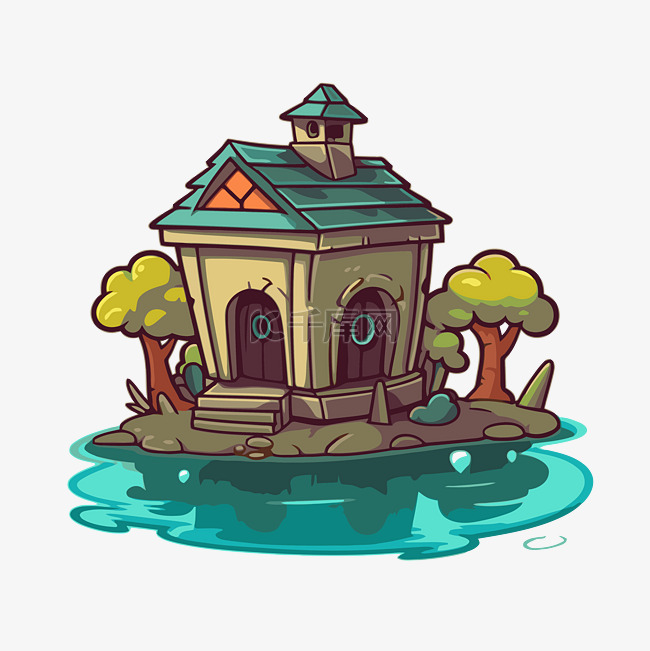 卡通剪贴画中湖中的一座岛屋 向