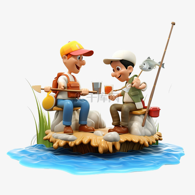 两个男人在河边钓鱼 3D 人物插画