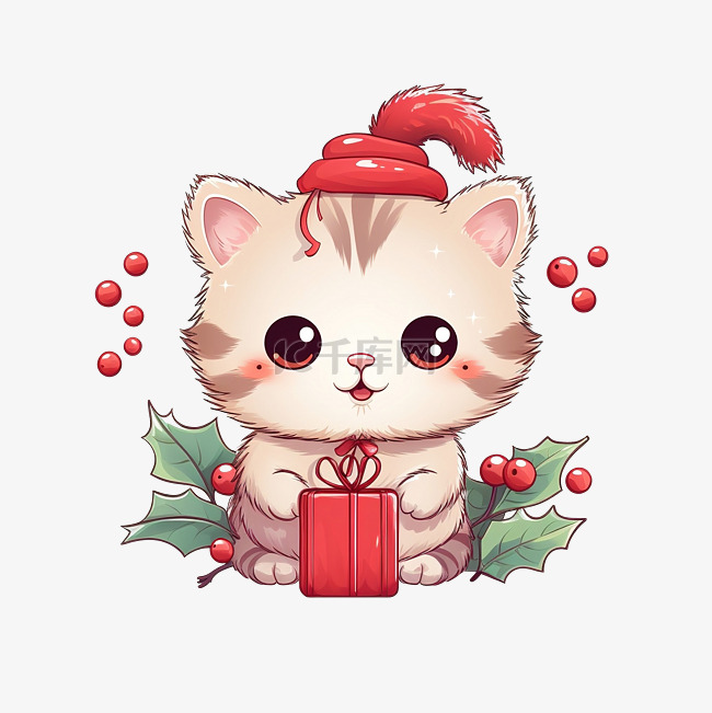 圣诞快乐可爱的猫画与红色浆果卡
