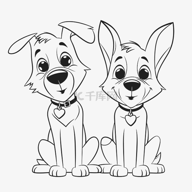 两只狗坐在一起着色页轮廓素描 