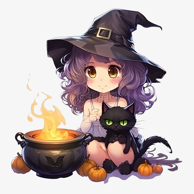 年轻女巫和猫一起在锅里为万圣节