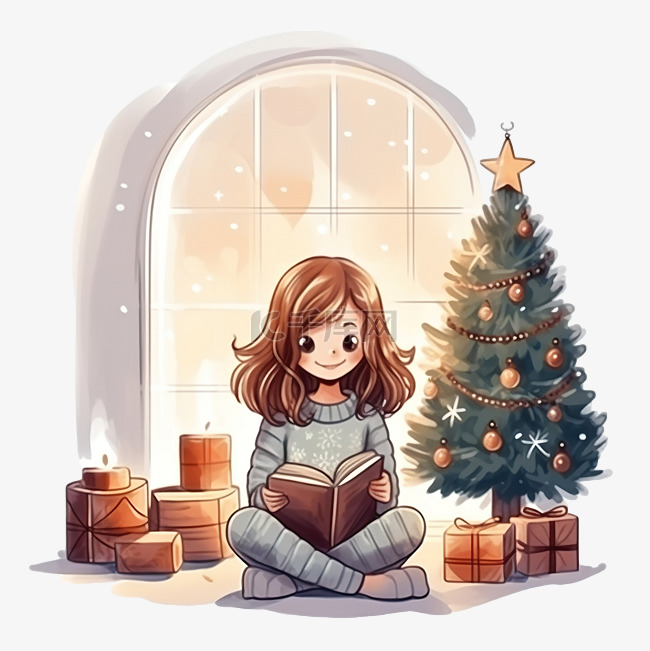 穿毛衣的女孩坐在一间有圣诞装饰