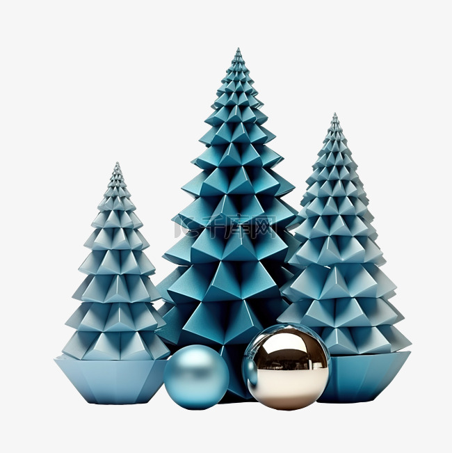 蓝纸圣诞树和银球的组合物
