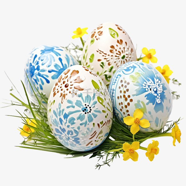 复活节作文图案鸡蛋画在草丛中，