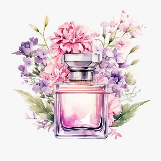 水彩香水瓶与花朵插图 ai 生成