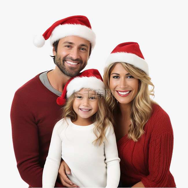 戴着圣诞老人帽子的幸福家庭的肖