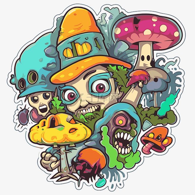 蘑菇周围有多个外星人角色的贴纸