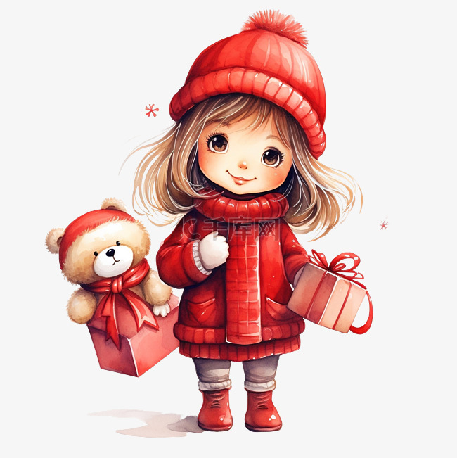 一手拉可爱的女孩，穿着红色外套