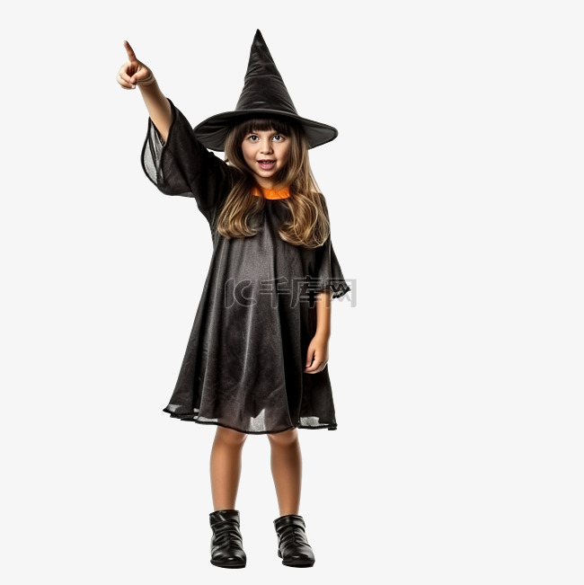 万圣节打扮成女巫的女孩指着前面