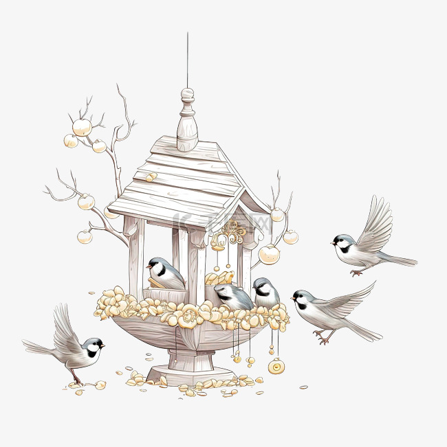 快乐的小麻雀和山雀在挂在树枝上
