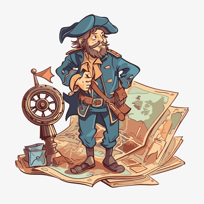 导航剪贴画卡通海盗手里拿着地图