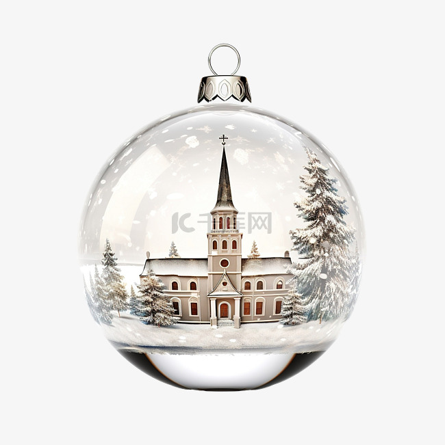冬季与教堂一起的圣诞快乐玻璃球
