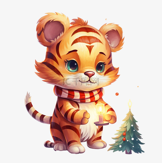 可爱的老虎与圣诞灯 可爱的圣诞