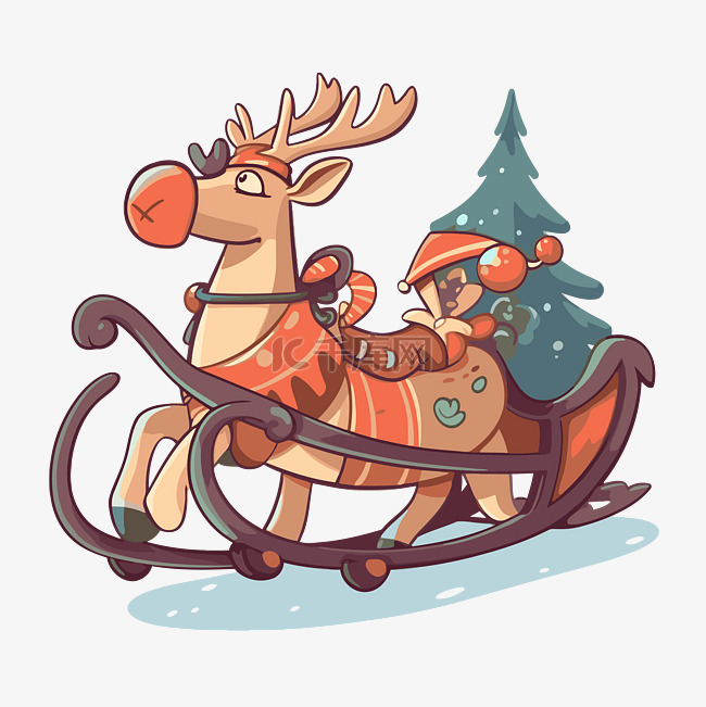 卡通驯鹿雪橇和卡通圣诞树与雪橇