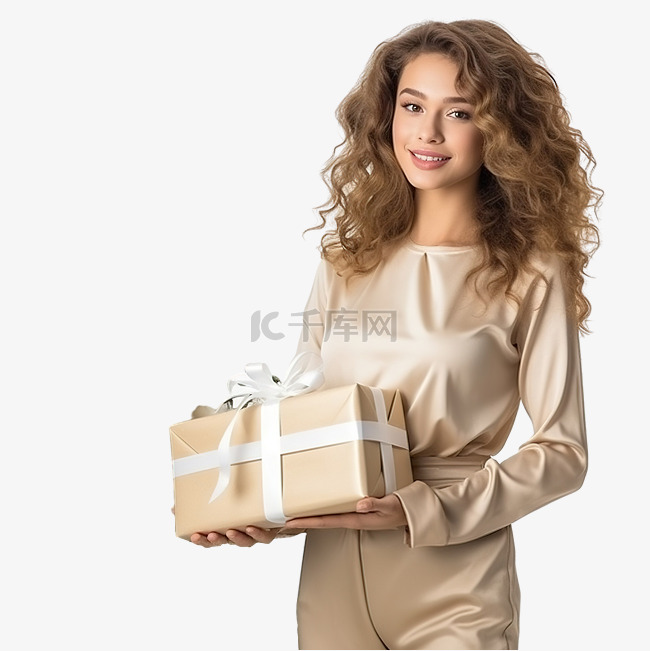 一个漂亮的女孩拿着礼物站在圣诞