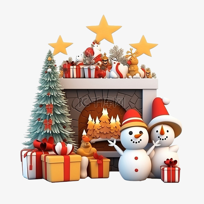 3D 圣诞晚会，配有壁炉雪人驯