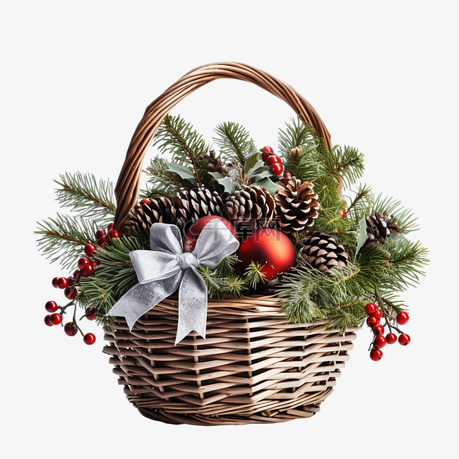 圣诞装饰和木制篮子里的圣诞树枝