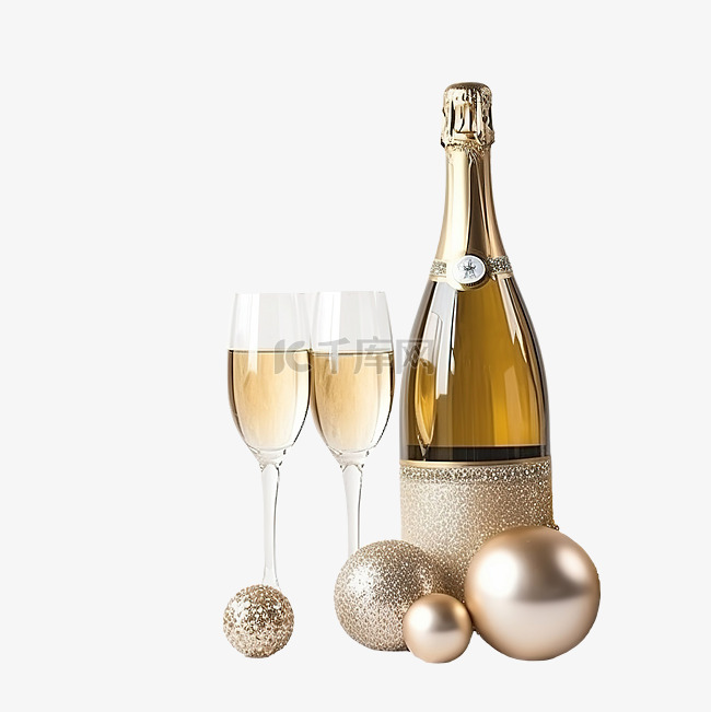明亮表面上的圣诞装饰品香槟瓶和