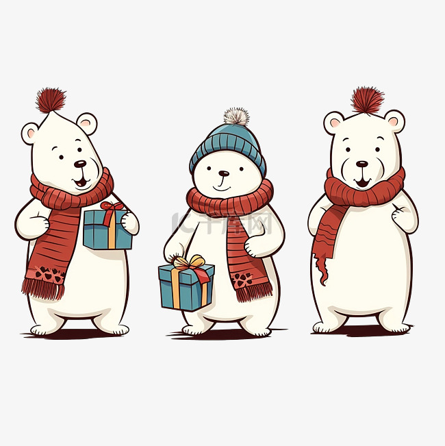 一组有趣的北方熊，带圣诞礼物熊