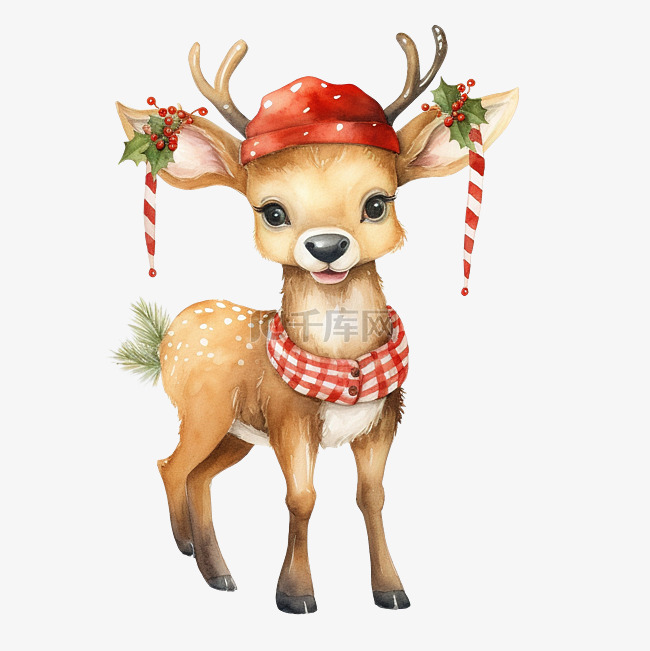 圣诞驯鹿戴着圣诞老人帽子，围着