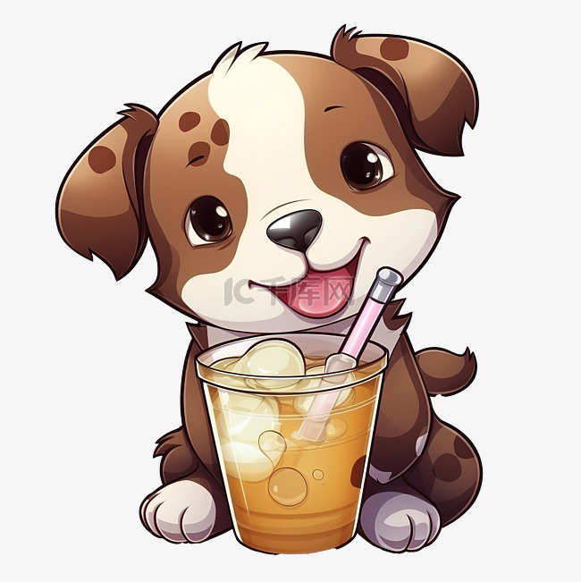 卡通风格斗牛犬喝珍珠奶茶