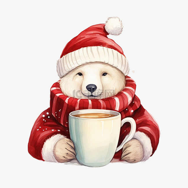 一杯圣诞咖啡，上面有一只戴着红
