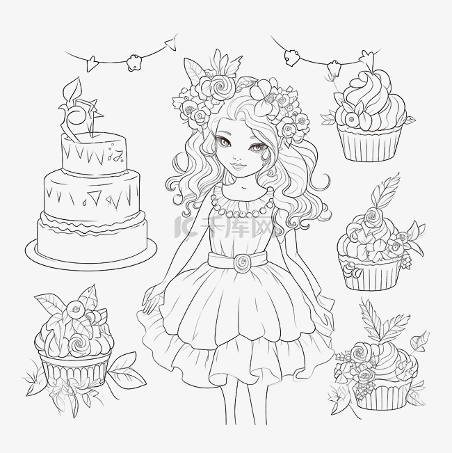 黑色轮廓生日女孩蛋糕花环和植物