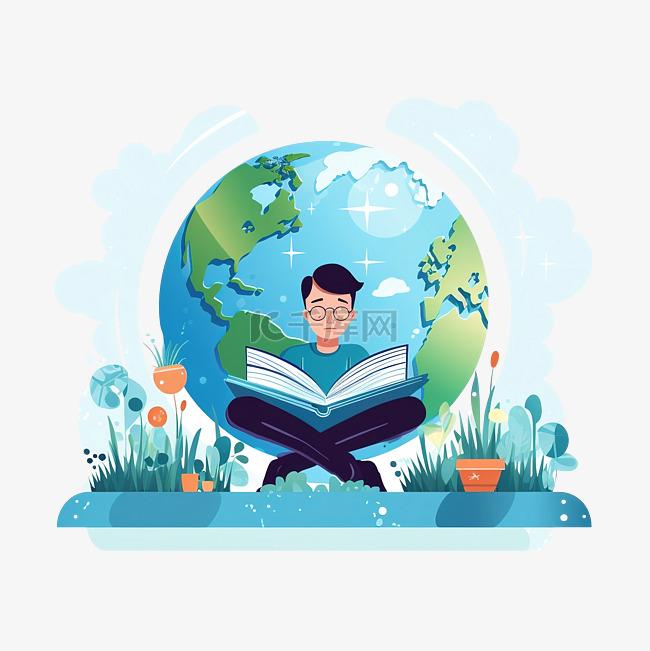 男人坐着看书，有书籍背景和地球