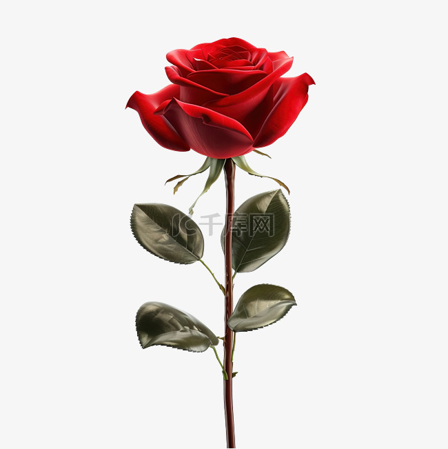3D 渲染一朵红玫瑰，用于爱情