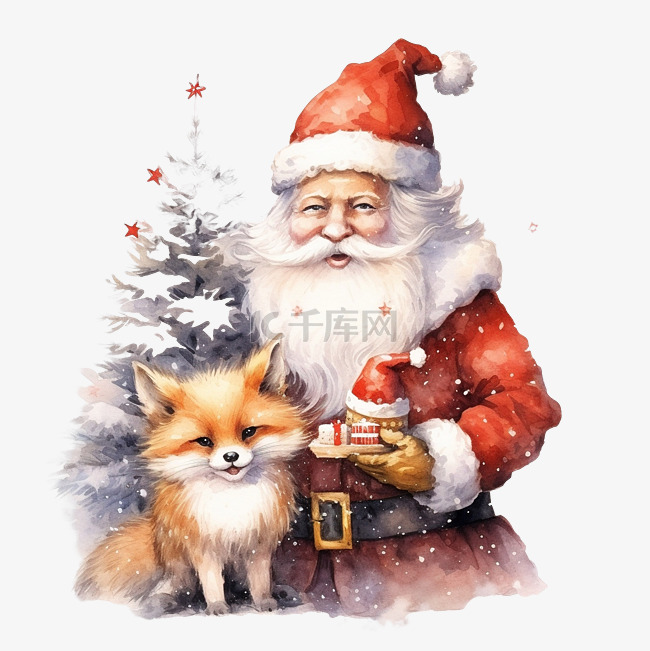 圣诞快乐圣诞老人和狐狸与装饰树