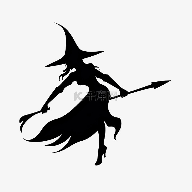 戴帽子的女巫骑着扫帚飞翔黑色剪