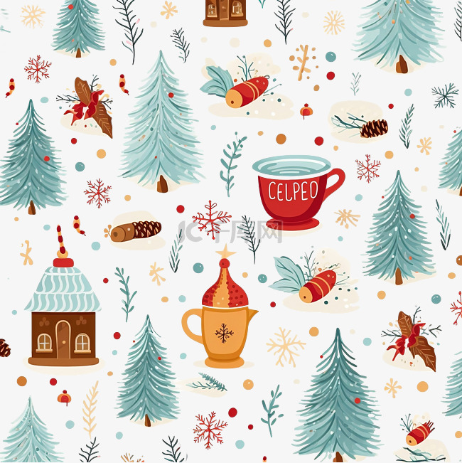 圣诞节传统冬季元素的彩色无缝图