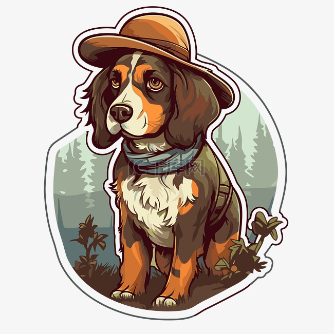贴纸显示一只戴着帽子的狗坐在树