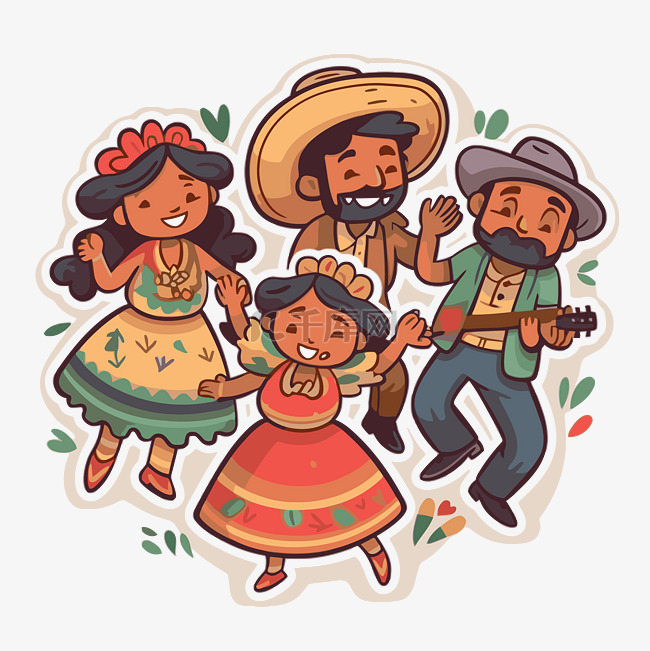 墨西哥人与吉他人物跳舞矢量图 