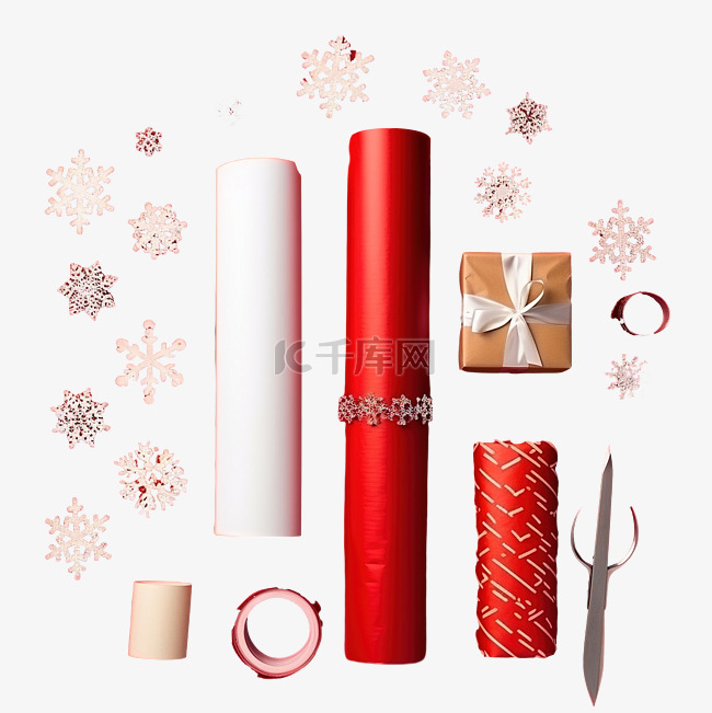包装纸和红色圣诞装饰物品的特写