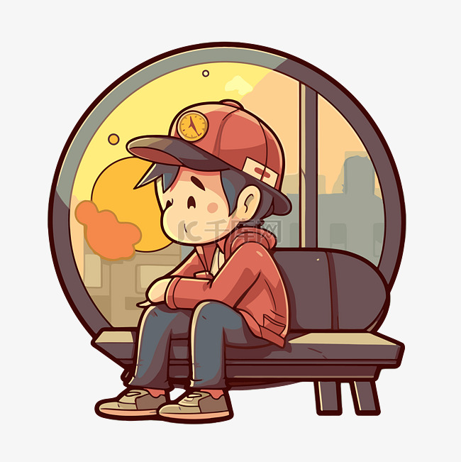 男孩坐在长凳上看着地铁卡通插画