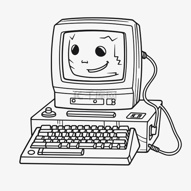 带有一点微笑的旧电脑轮廓素描 
