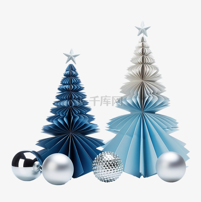 蓝色和白色纸圣诞树和银球的组合