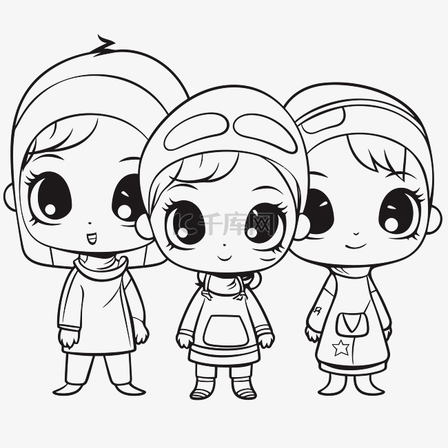 三个孩子穿着卡通着色页中的衣服