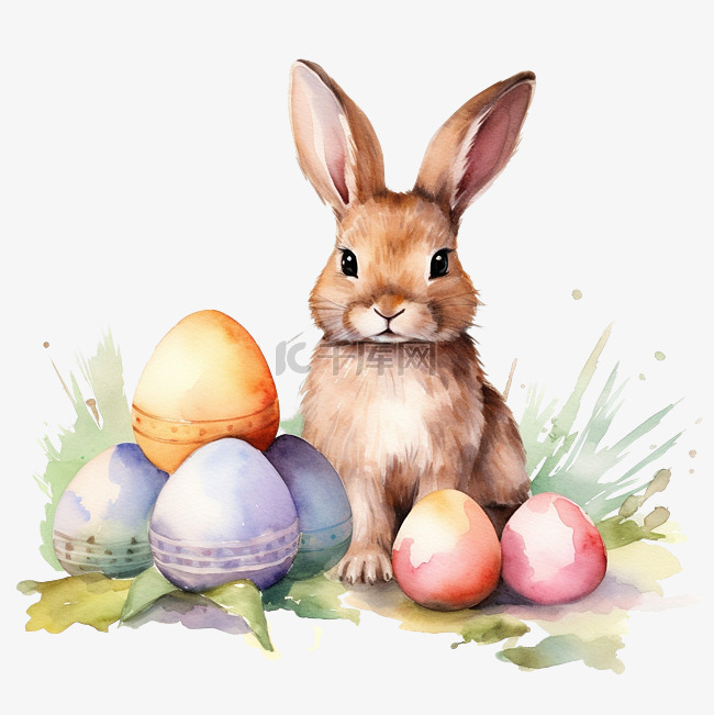 水彩复活节兔子与复活节彩蛋