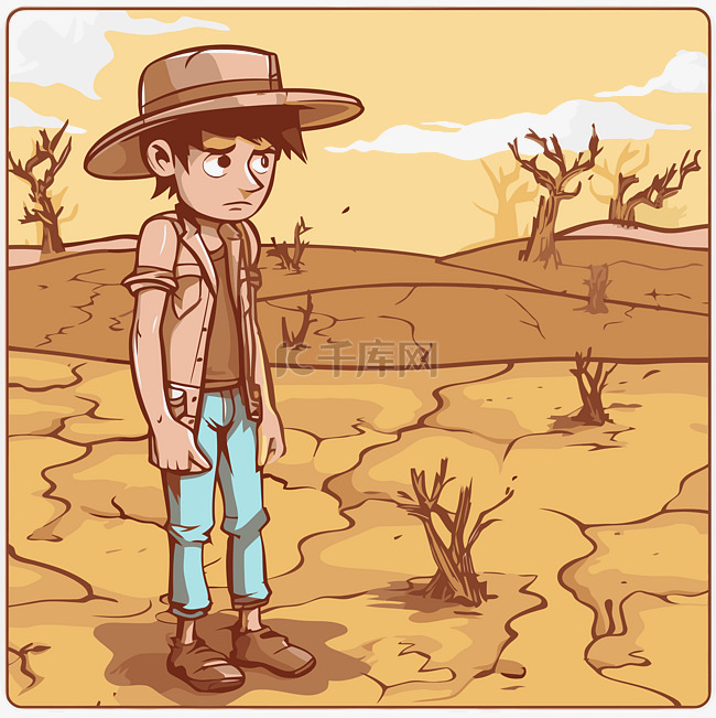 干旱剪贴画卡通男孩站在干旱的沙