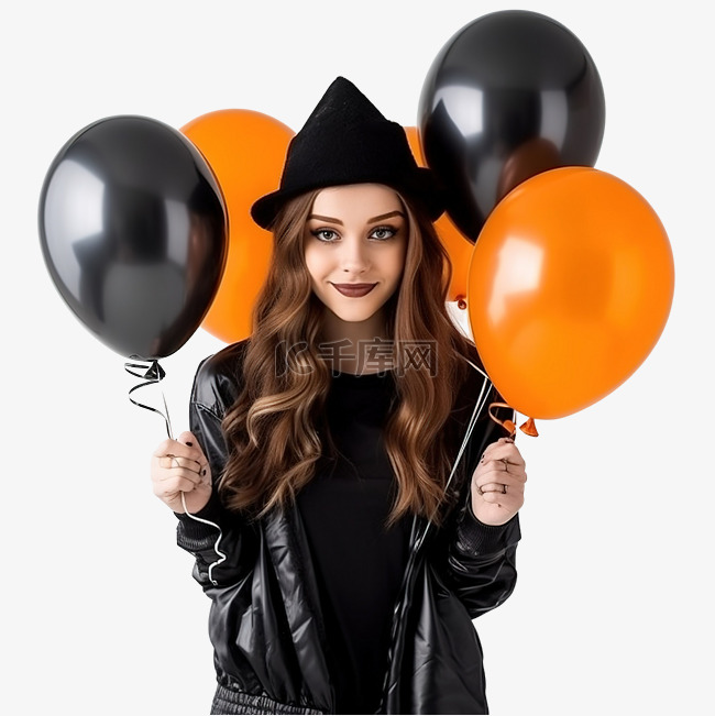 年轻女巫拿着黑色和橙色气球参加