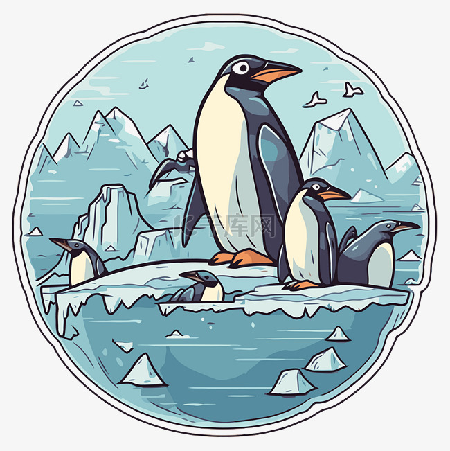 圆形贴纸格式的企鹅和其他有冰川