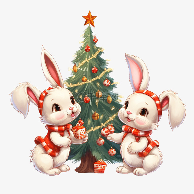 卡通可爱圣诞兔子装饰圣诞树