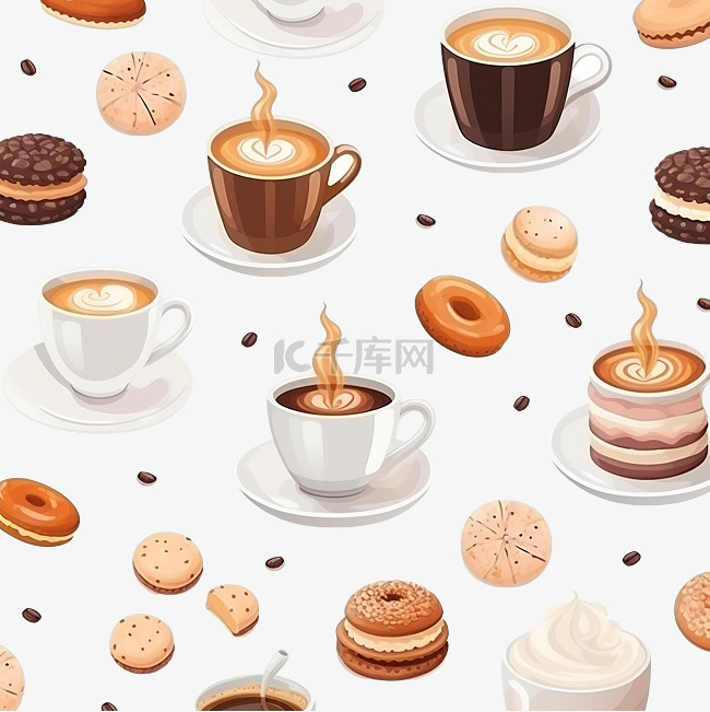 无缝图案可爱的咖啡和饼干