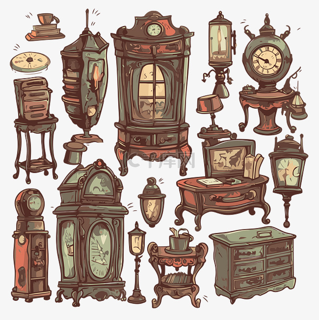 旧时代家具和钟表卡通的古董剪贴