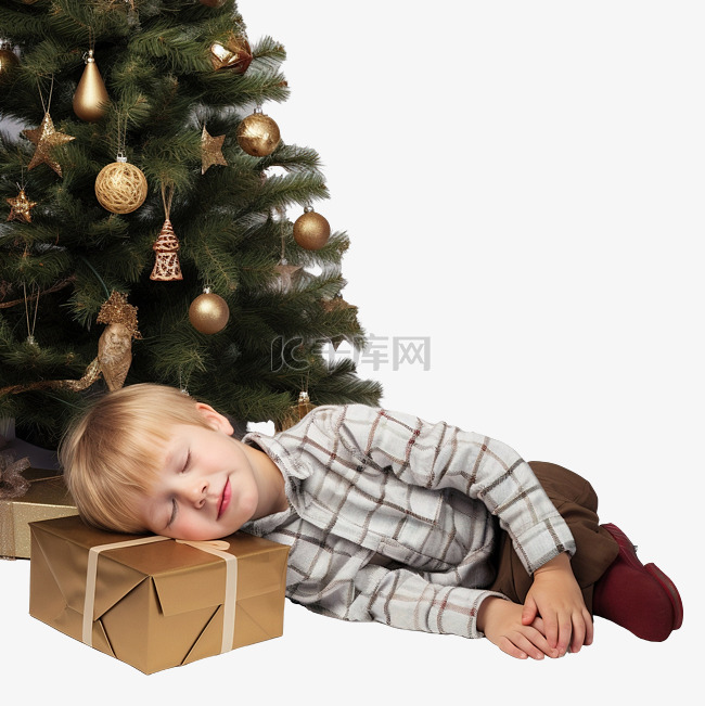 小男孩睡在圣诞树下等待圣诞老人