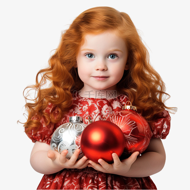 红头发蓝眼睛的小女孩穿着圣诞老