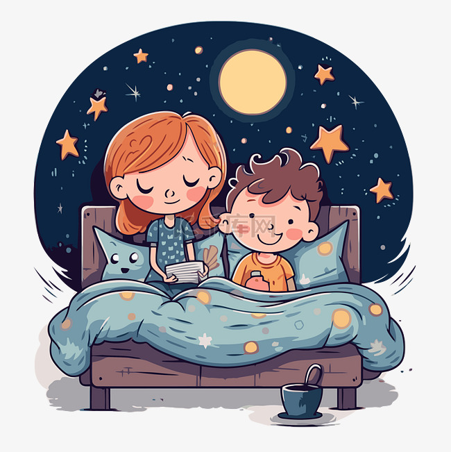 睡前剪贴画男孩和女孩读睡前故事
